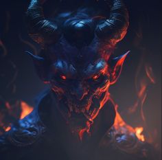 a demonic demon with horns and glowing eyes in the dark, surrounded by red flames