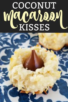 two coconut macaroni kisses on a blue and white plate with text overlay