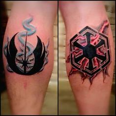 two tattoos on the legs of people that are both different colors and designs, one with a star wars symbol