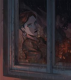 a woman looking out the window at night with rain falling on her head and buildings in the background