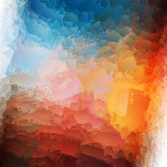 an abstract painting with many colors and lines on it's surface, including red, orange, blue, yellow, and white