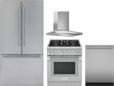 stainless steel kitchen appliances including refrigerator, stove and range