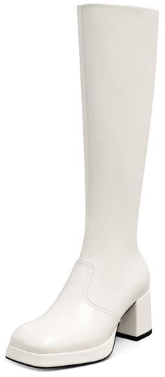 Whote Boots, White Go Go Boots, Chunky Heel Platform Boots, White Knee High Boots, Boots Square Toe, Platform Heels Boots, Gogo Boots, Platform Heels Chunky, Womens Knee High Boots