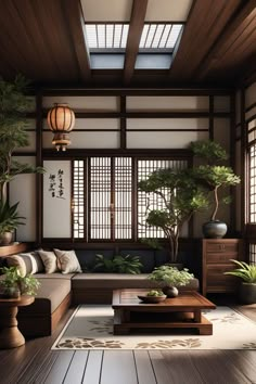 a living room filled with lots of furniture and plants on top of a wooden floor