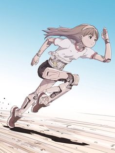 an anime character running across a wooden floor