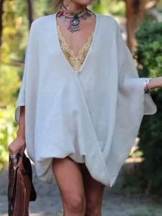 Women's V-neck Cotton and Linen Loose Top Khaki V-neck Top For Spring, Khaki V-neck Top For Summer, Bohemian V-neck Top, Beige V-neck Summer Top, Solid Color V-neck Summer Tops, Summer V-neck Solid Color Tops, Fall Vacation Tops With V-neck, Oversized Wrap Tops For Summer, Fall V-neck Tops For Beach