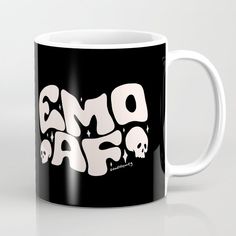 a black and white coffee mug with the words omagra on it