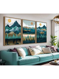 three paintings hang on the wall above a couch in a living room with a large window