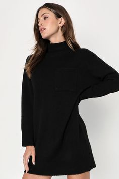 Prepare to be the cutest (and warmest) babe of the season in the Lulus Positively Charming Black Turtleneck Mini Sweater Dress! Soft brushed sweater knit shapes this cozy dress that features a chic turtleneck framed by long sleeves with drop shoulders. The relaxed, shift silhouette boasts a front patch pocket before it falls to a cute mini hem that pairs perfectly with your favorite knee-high boots. Ribbed knit accents the neckline, cuffs, and hem. Fit: This garment fits true to size. Length: Mi Cozy Fit High Neck Turtleneck For Fall, Casual Textured Knit Sweater Dress For Fall, Cozy Knit Sweater Dress For Fall, Crew Neck Sweater Dress For Winter, Cozy Long Sleeve Soft Knit Dress, Cozy Soft Knit Long Sleeve Dress, Fall Soft Knit High Neck Turtleneck, Solid Knit Sweater Dress For Fall, Fall High Neck Sweater