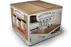 a cardboard box with an image of a kitchen on the front and back of it that says, retriue it wood countertop kit