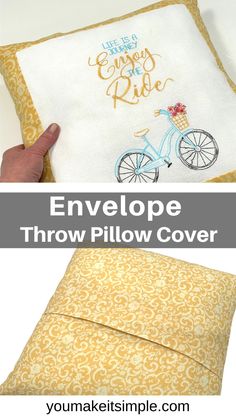 an envelope pillow cover is shown with the words envelope throw pillow cover in gold and white