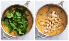 two pictures showing how to make chicken and spinach soup in one pot, then the other