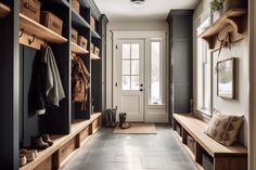 a long hallway with lots of wooden shelves and shoes on the floor next to it