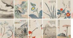 CHENG TINGLU	(1796-1858) LANDSCAPES AND FLOWERS Album leaves；ink and colour on paper  15.5 x 11.5 cm. 6 1/8 x 4 1/2 in. 程庭鷺	(1796-1858) 山水花卉冊（十開）(己亥（1839年）作) 冊頁（十開）設色紙本  15.5 x 11.5 cm. 6 1/8 x 4 1/2 in. 約0.2平尺（每幅）  鈐印：序伯（九次）、庭鷺（二次）、箬庵 題識： （一）好花開落申寒暖，何事圖名定嵗朝。 （二）年來畫於王孫草，偶向春風剪蕙蘭。 （三）出水娛人目，尋根可療飢。 （四）曾見黃鶴山人用色全法，松雪翁更增逸韻。 （五）仿馬和之。 （六）於趙子固蘭卷中見芝草一莖，秀雅絕俗遂撫之。 （七）一角斜陽紅板橋，春情如夢夢如潮，曾經閱畫銷魂地，半借桃花半柳腰。 （八）白禽紅葉秋色妝成，畫家會意艷極而清。 （九）石田翁最適意之作，蒼渾絕倫不易摹也。 （十）己亥春三月立夏前四日，箬庵摹古本。 藏印：下博徐氏霜紅樓珍賞書畫印、研山齋（九次） Chinese Painting, Vintage World Maps, Auction, China, Art