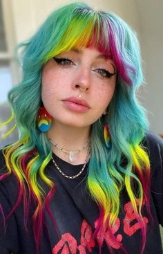 Rainbow Hair Color, Multi Colored Hair, Neon Hair, Multicolored Hair, Wolf Cut, Colored Hair