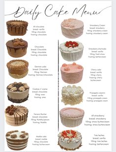 a poster with different types of cakes on it's sides and the words, daily cake menu