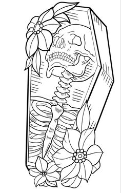 a black and white drawing of a skeleton with flowers