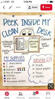 a poster with words and pictures on it that say, peek inside my clean desk