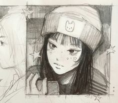 a pencil drawing of two girls looking at each other and one is wearing a hat