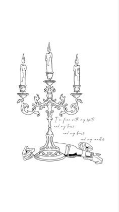 a drawing of a candelabra with candles and a cat laying on it