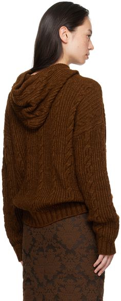 Cable-knit wool-blend hoodie. · Rib-knit trim at hood, hem, and cuffs · Bow appliqué at collar · Dropped shoulders · Press-stud fastening at inner hood Supplier color: Brown Cashmere Hoodie With Ribbed Cuffs For Fall, Casual Wool Hoodie For Fall, Hooded Sweater With Ribbed Cuffs For Fall, Brown Knitted Hoodie For Fall, Wool Hoodie With Drawstring For Fall, Hooded Sweater With Ribbed Cuffs For Cold Weather, Wool Hoodie For Fall, Cashmere Sweater With Drawstring Hood For Fall, Fall Turtleneck Hoodie With Ribbed Cuffs