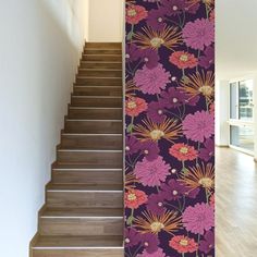 a stair case with purple flowers on it