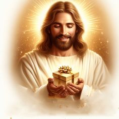 jesus holding a gift box in his hands