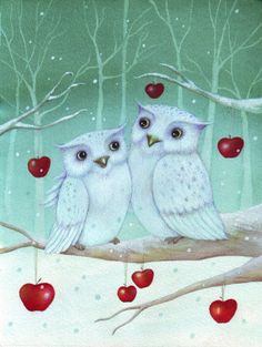 two owls are sitting on a branch with cherries