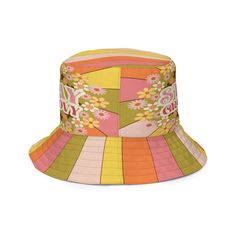 Need to stay groovy and cool in the summer sunshine? Our 70s Groovy Hippie Sunkissed Reversible Bucket Hat is here to save the day! Featuring a linen feel material and moisture-wicking fabric, this lightweight and breathable Panama Summer bucket hat is custom made to order in gorgeous orange, green, brown and cream shades – perfect for that ‘sun kissed’ look. Not only does it come with a classic mid century modern design featuring bright florals, but best of all, it can be worn on both sides – s Retro Sun Hat For Summer Festival, Retro Summer Sun Hat, Retro Adjustable Sun Hat For Festivals, Spring Music Festival Sun Hat With Curved Brim, Adjustable Retro Sun Hat For Festivals, Retro Multicolor Sun Hat For Summer, Retro Multicolor Summer Sun Hat, Retro Summer Vacation Sun Hat, Retro Summer Festival Hats