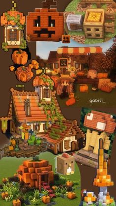 an image of some houses made out of legos and bricks, including pumpkins