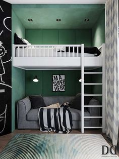 a loft bed is in the middle of a room with green walls and white bunk beds