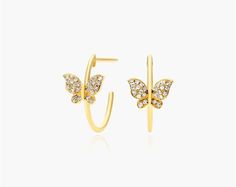 14K Yellow Gold Butterfly Hoop Earrings. Celestial butterflies combine with contemporary hoops in these brilliant earrings that are the perfect addition to your jewelry collection. Elegant Gold Butterfly Hoop Earrings, Elegant Huggie Earrings With Butterfly Charm, Butterfly Hoop Earrings, Gold Butterfly, Diamond Earrings, Butterflies, Jewelry Collection, Hoop Earrings, Jewelry Earrings