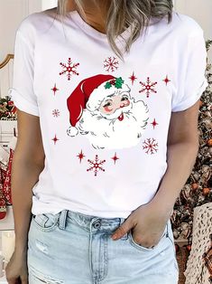 Festive Christmas Cartoon T-Shirt for Women: Stylish Crew Neck, Casual White Casual Christmas T-shirt, Casual White Christmas T-shirt, White Casual T-shirt For Christmas, Casual White T-shirt For Christmas, Casual White T-shirt For Holiday, White Graphic Print Top For Holiday, White Christmas Graphic Tee, White Christmas Graphic Tee Tops, Casual White Top For Christmas