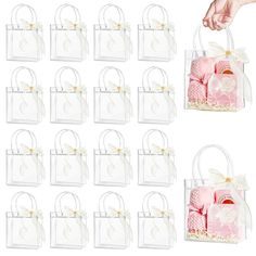 a person is holding a bag with many items in it and the bags have bows on them