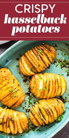 crispy hasselback potatoes on a blue plate with parsley sprinkled on top