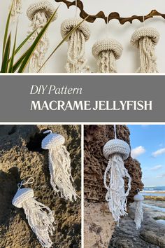 crocheted macrame jellyfish ornaments hanging on the rocks