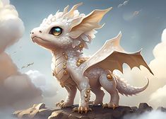 a white dragon sitting on top of a rock in the sky with clouds behind it