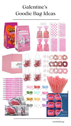 valentine's day goodie bag ideas with pink and white decorations, candy bars, hearts