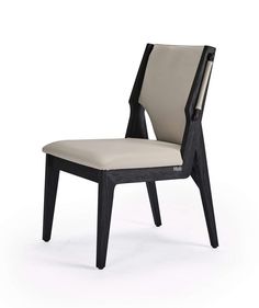 a black and white chair with an upholstered seat on the back, in front of a white background