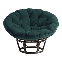 a round chair with a green cushion on the top and bottom, in front of a white background