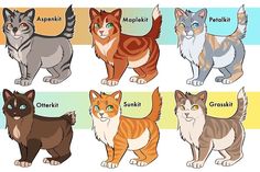 four different colored cats standing side by side with their names in english and japanese on them