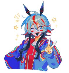 a drawing of a woman with blue hair and devil horns on her head holding a peace sign