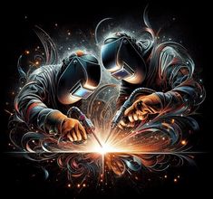 two welders working on something in the middle of their work area with sparks coming from them