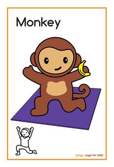 a monkey with a banana in its hand on top of a blue mat and the words monkey