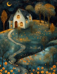 a painting of a house on a hill at night