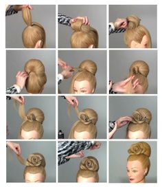 d Flower Bun Hairstyle, Rose Bun, Sanggul Modern, Flower Bun, Hair Academy, Competition Hair, Hair Bun Tutorial, Barbie Hair, Dance Hairstyles