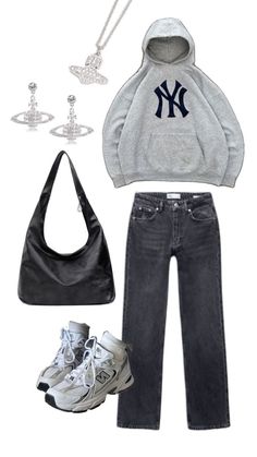 a woman's outfit with sneakers and a purse