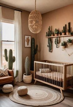 a baby's room decorated in neutral colors with cactus decor on the wall and rug