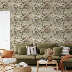 a living room filled with furniture and wallpaper