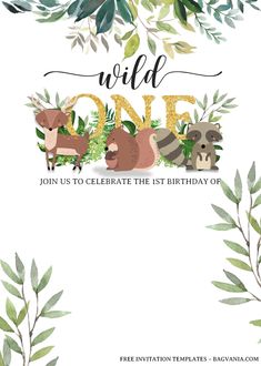 the wild one birthday party card is shown with animals and greenery on white background